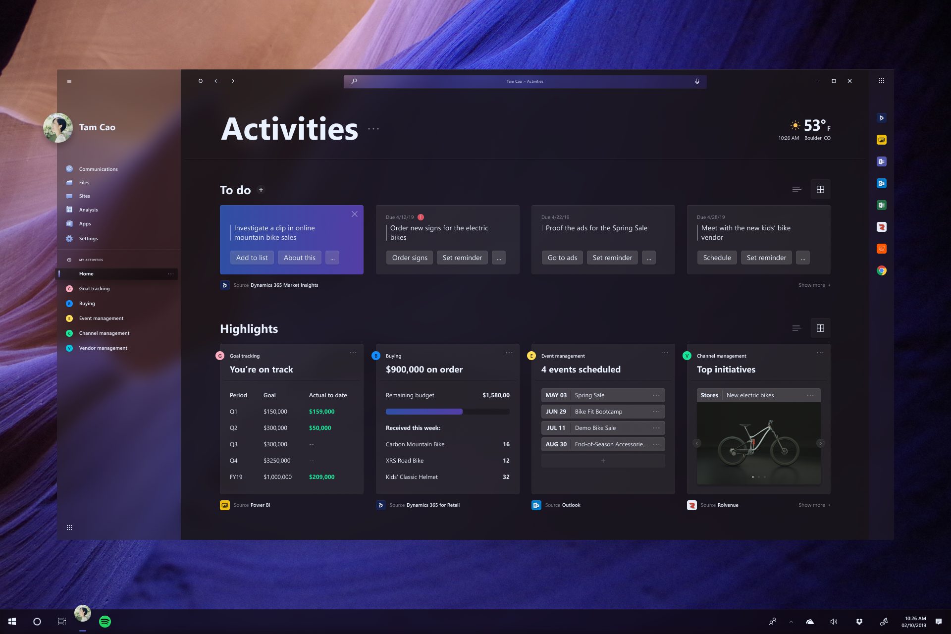 The Activities home: tasks and highlights from every business app. UI by Josh Keckley.